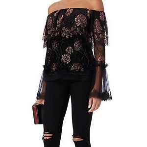 ALEXIS INTERMIX "LAURENA" BLACK LACE PINK FLORAL OFF SHOULDER BOHO TOP BLOUSE M